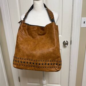 Chic Boho Style Organic Leather Tan Studded Shoulder Bag